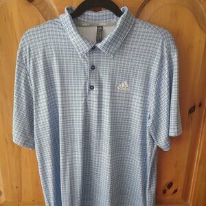 Adidas Golf Men’s Polo, Blue Plaid Print, Size Medium, Performance Stretch, EUC
